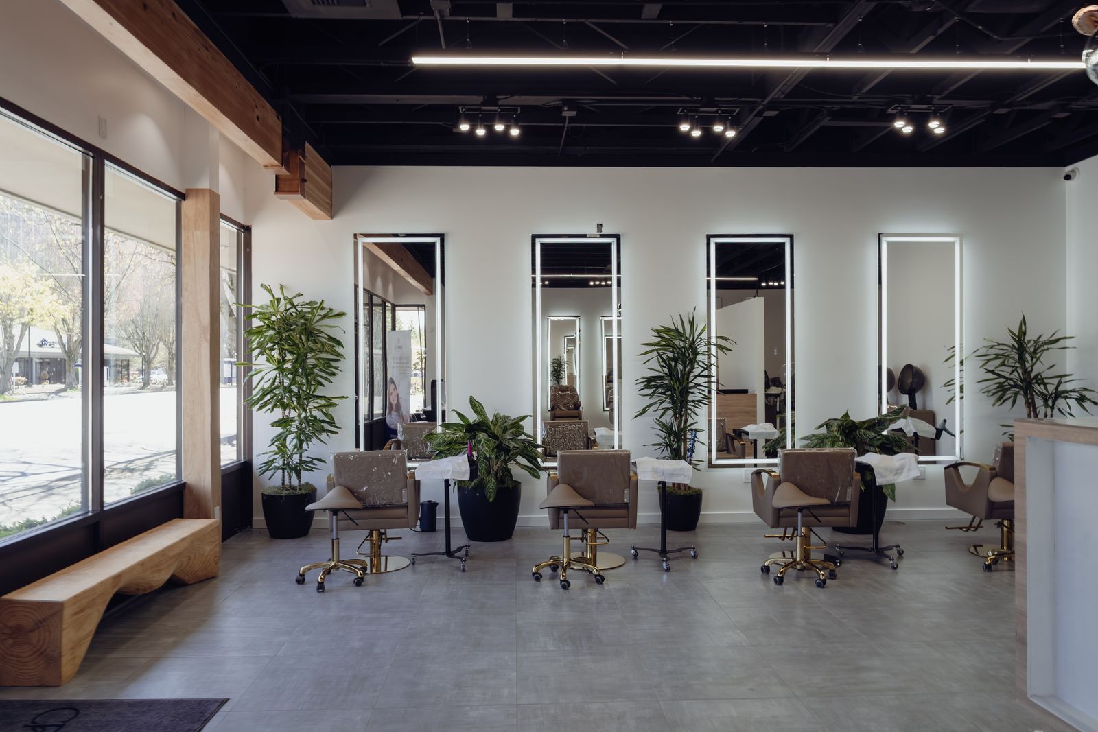 Salon floor with lit mirrors, gold-base styling chairs and plants